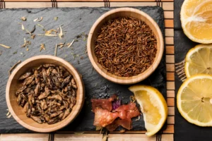 Dos cuencos de madera sobre una superficie de pizarra; uno contiene grillos secos sabrosos, el otro gusanos de la harina secos. Los gajos de limón, los trozos de tomate y las hierbas secas esparcidas añaden color y frescura.