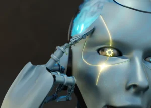 Primer plano de un robot humanoide que se toca la sien con un dedo. En su ojo se ve el icono de un engranaje y unas líneas iluminadas recorren su cara metálica. El fondo es oscuro y desenfocado, evocando un ambiente futurista similar a la visión de X para la Comisión Europea.
