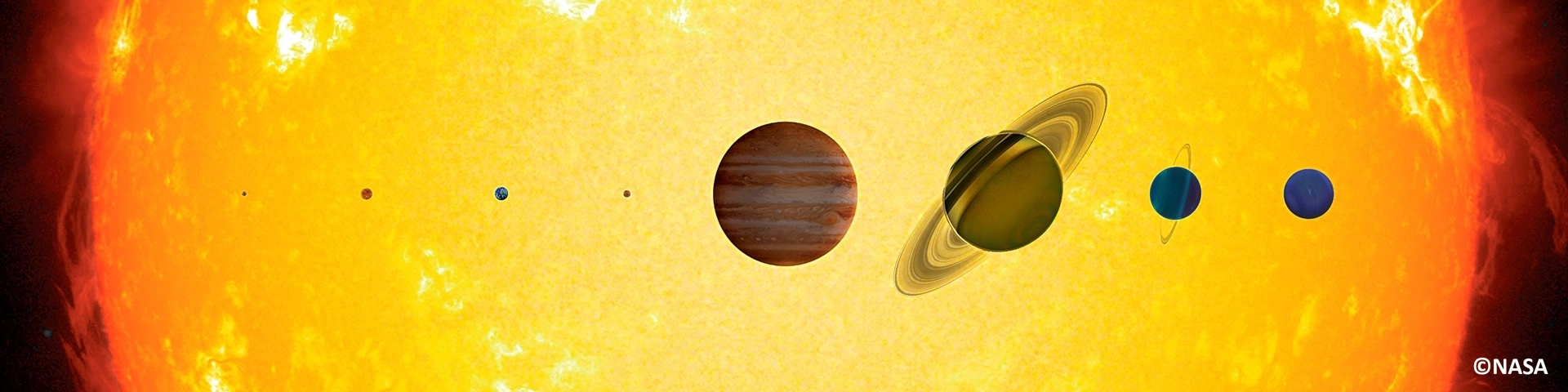 La imagen muestra el Sol y los ocho planetas del sistema solar alineados en orden, lo que sirve de guía útil para comprender el tamaño y el color de cada planeta. El Sol, de color amarillo brillante, domina el fondo. ©NASA. Guía del eclipse solar total en Rivas: horarios y consejos