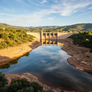 Una presa de hormigón, típica de embalses Comunidad de Madrid, salva un río con bajo nivel de agua, dejando al descubierto unas orillas secas y rocosas. Árboles y verdes colinas rodean la zona bajo un cielo azul con ligeras nubes.