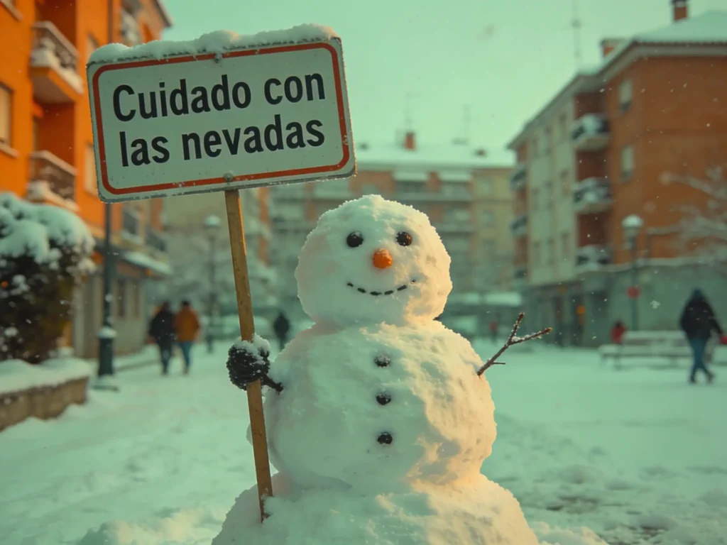 Un muñeco de nieve con un cartel que dice Cuidado con las nevadas se encuentra en medio de una calle nevada de la Comunidad de Madrid, con edificios, algunas personas y señales de bajada de temperaturas alrededor. La nieve cubre el suelo y los objetos cercanos.