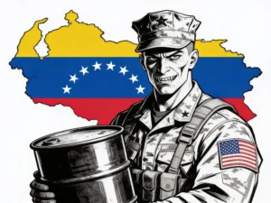 Un soldado con rostro severo y uniforme militar estadounidense sostiene un barril de petróleo, símbolo de la intervención militar EE. UU., ante un contorno de Venezuela con los colores y las estrellas de la bandera del país.