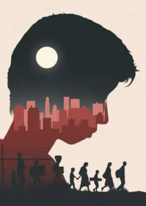 La silueta de la cabeza de una persona contiene un horizonte urbano y el sol. Debajo, un grupo de personas, incluidos ni&ntilde;os, caminan en fila india junto a una valla, una escena evocadora que recuerda a un borrador autom&aacute;tico de migraci&oacute;n o desplazamiento.