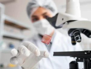 Una persona con ropa y guantes de protección sostiene un portaobjetos de microscopio con una muestra roja, preparándose para colocarla bajo un microscopio de laboratorio, parte de una investigación crucial de prevención sobre el cáncer relacionado con la exposición al tabaco. El fondo está borroso.