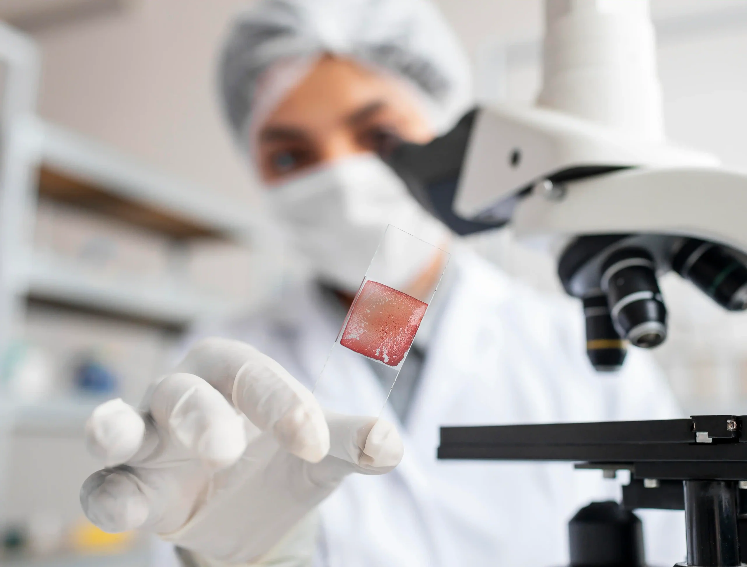 Una persona con ropa y guantes de protección sostiene un portaobjetos de microscopio con una muestra roja, preparándose para colocarla bajo un microscopio de laboratorio, parte de una investigación crucial de prevención sobre el cáncer relacionado con la exposición al tabaco. El fondo está borroso.