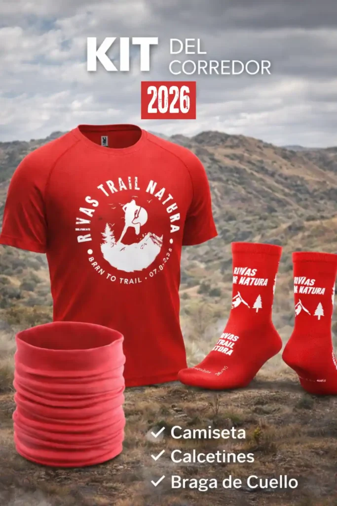 La equipación roja de running para corredores incluye una camiseta, calcetines y una polaina para el cuello con la marca Rivas Trail Natura 2026. El fondo es un sendero natural y montañoso. El texto en español enumera todos los artículos incluidos.