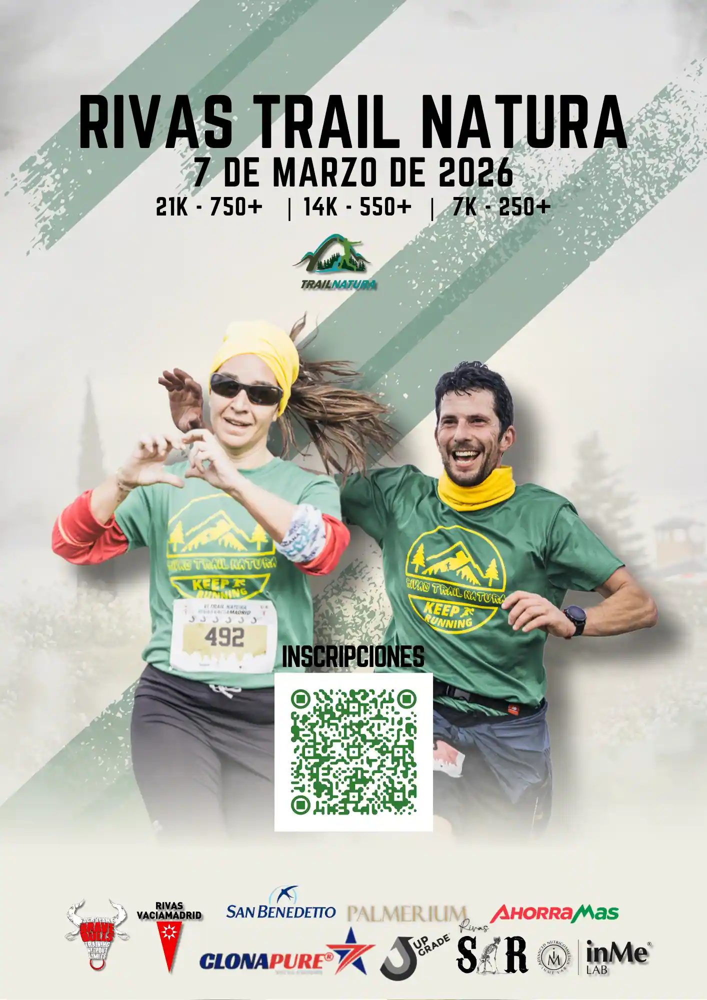 Dos corredores con camisetas verdes de Rivas Trail Natura sonríen y gesticulan mientras corren. Arriba y abajo se muestran los detalles del evento de 2026 y un código QR para inscribirse, con varios logotipos de patrocinadores en la parte inferior. Dos corredores con camisetas verdes de Rivas Trail Natura sonríen y gesticulan mientras corren. Arriba y abajo se muestran los detalles del evento de 2026 y un código QR para inscribirse, con varios logotipos de patrocinadores en la parte inferior.