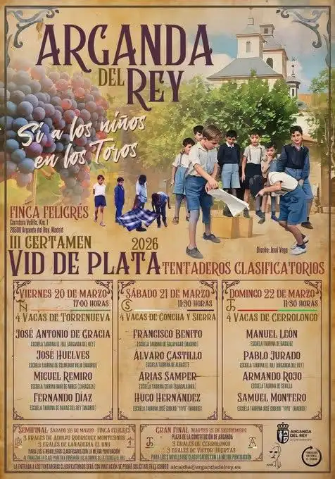 Cartel del evento en Arganda del Rey con imágenes de niños (menores) jugando, uvas, una iglesia y guiños a la cultura local de los toros. Incluye detalles del evento, fechas, lugares, logotipos de los organizadores y elementos decorativos.