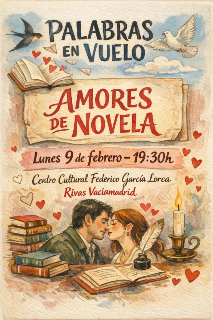 Cartel ilustrado del evento Amores de Novela en Rivas: una pareja a punto de besarse, rodeada de libros, una vela, un frasco de tinta y una paloma blanca. Celebra el amor el 9 de febrero a las 19:30 en Rivas Vaciamadrid.