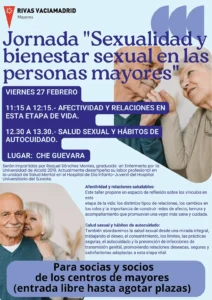 Cartel para Sexualidad y bienestar sexual en las personas mayores, 27 de febrero. Incluye horarios, temas sobre sexualidad y bienestar, información de ponentes, lugar y acceso exclusivo para socios de centros de mayores.