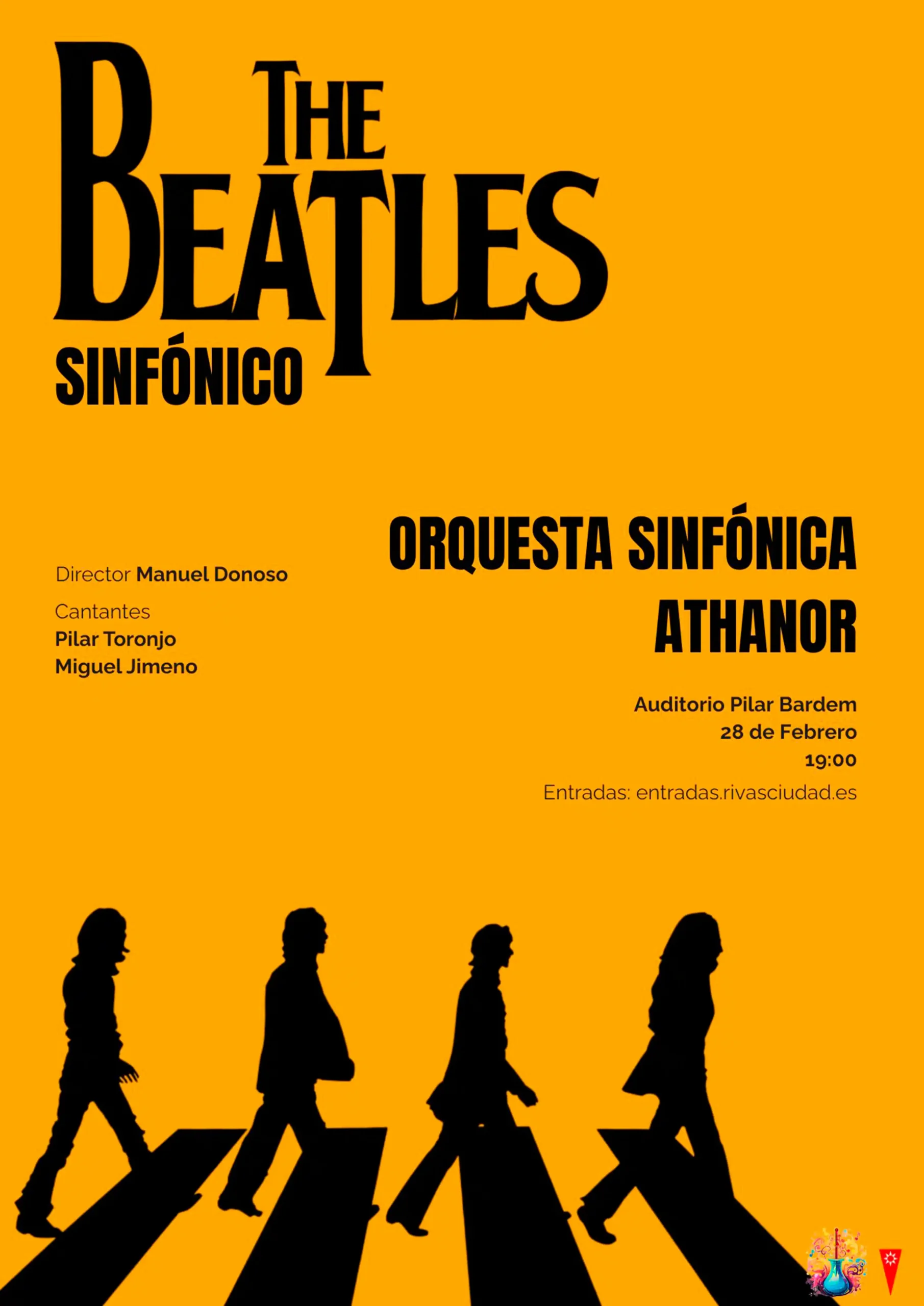 Cartel amarillo promocional del concierto «The Beatles Sinfónico» de la Orquesta Athanor, con siluetas de personas cruzándose, detalles del evento y un llamativo logotipo de los Beatles. Únete a nosotros el 28 de febrero en el Auditorio Pilar Bardem, a las 19:00. Cartel amarillo promocional del concierto "The Beatles Sinfónico" de la Orquesta Athanor, con siluetas de personas cruzándose, detalles del evento y un llamativo logotipo de los Beatles. Únete a nosotros el 28 de febrero en el Auditorio Pilar Bardem, a las 19:00.