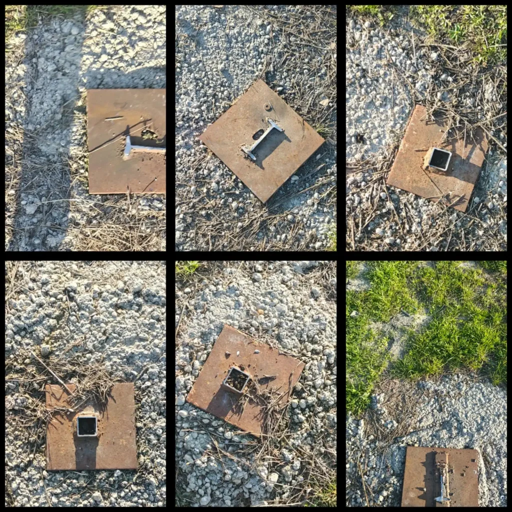 Seis fotos de placas metálicas oxidadas con agujeros cuadrados, tendidas sobre un suelo áspero e iluminado por el sol, cerca de una valla. Las rodean parches de hierba y grava, cada placa ligeramente diferente en orientación y posición.