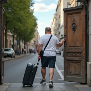 Un hombre vestido con ropa informal y con una maleta de ruedas sale por una gran puerta de madera a una calle de la ciudad bordeada de árboles y edificios, lo que refleja la creciente presencia de viviendas turísticas y la evolución de las normas en la ciudad bajo la administración de Ayuso.