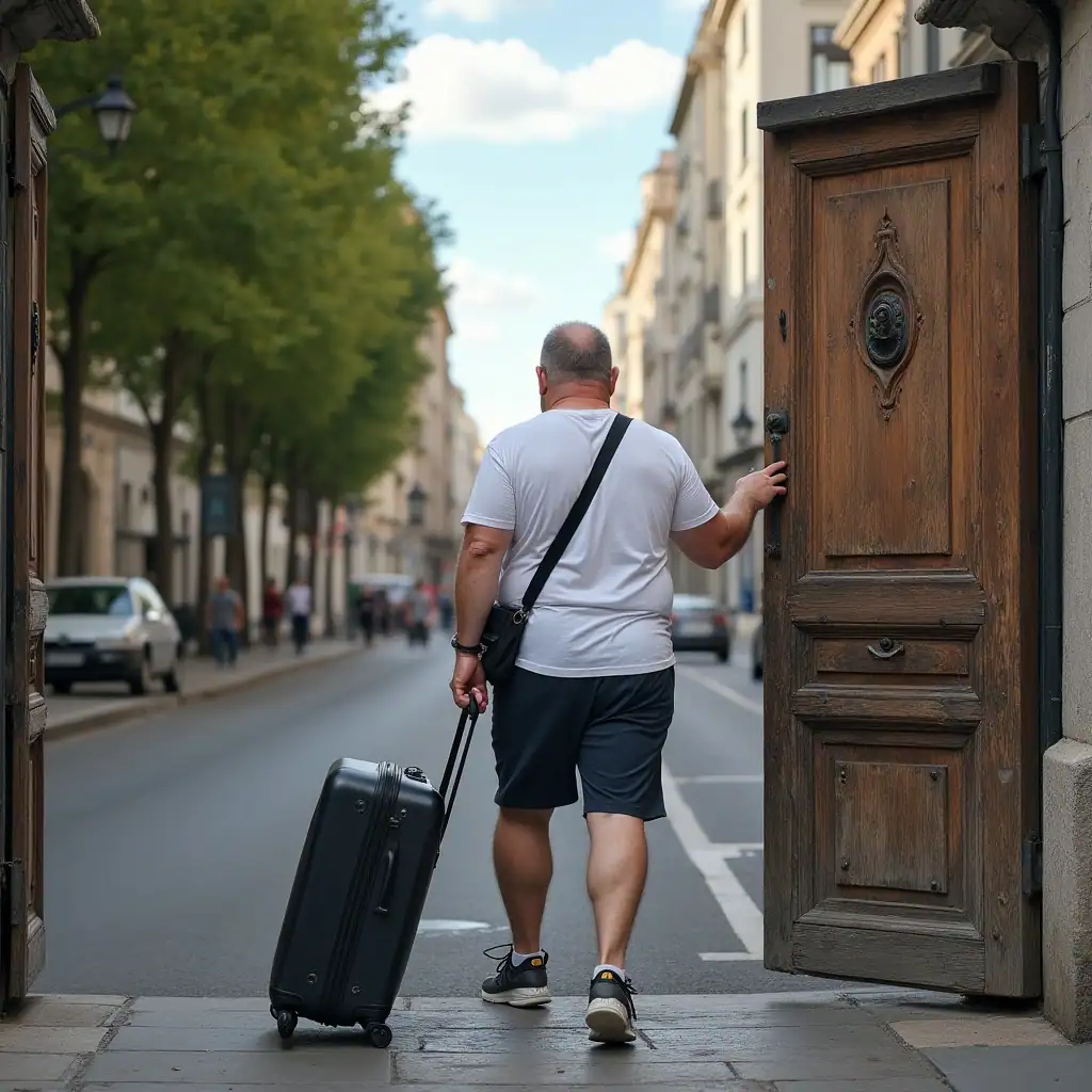 Un hombre vestido con ropa informal y con una maleta de ruedas sale por una gran puerta de madera a una calle de la ciudad bordeada de &aacute;rboles y edificios, lo que refleja la creciente presencia de viviendas tur&iacute;sticas y la evoluci&oacute;n de las normas en la ciudad bajo la administraci&oacute;n de Ayuso.