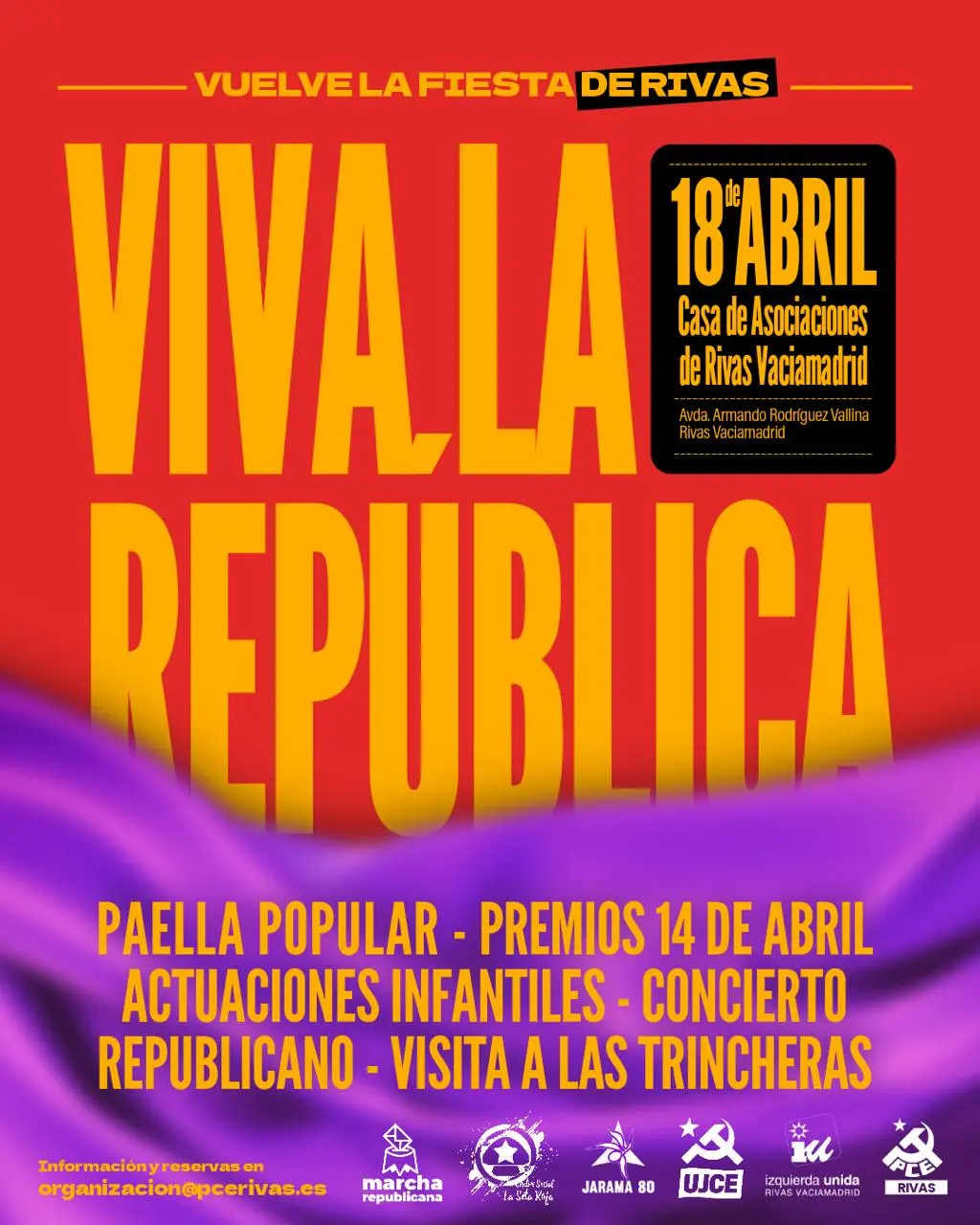 Cartel de evento (borrador automático) con el texto Viva la República en grandes letras amarillas sobre fondo morado, rojo y amarillo, promoviendo una celebración el 18 de abril en Rivas Vaciamadrid con música, comida y actividades.