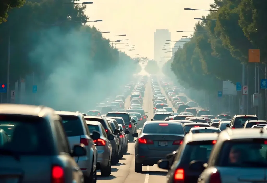 Una amplia carretera de Arganda est&aacute; repleta de tr&aacute;fico pesado en ambas direcciones, los coches densamente api&ntilde;ados y el humo de los tubos de escape visible en el aire. Los ecologistas piden medidas m&aacute;s estrictas contra el ZBE mientras altos &aacute;rboles bordean la calle y edificios lejanos se alzan al fondo.