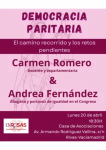 Event poster in Spanish entitled Democracia Paritaria con detalles de las ponentes Carmen Romero y Andrea Fernández, fecha, hora y lugar en Rivas, junto al logo de la Asociación Feminista 13 Rosas. Fondo con dibujo lineal de Lady Justice e invitación al debate.