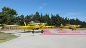 Dos aviones monomotores de color amarillo brillante, con la marca BOMBEROS DE SEGORBE, están estacionados sobre una superficie de hormigón con marcas rojas. Rodeados de árboles verdes y un cielo azul despejado, estos aviones cuentan con un sistema de borrador automático para mayor eficacia.