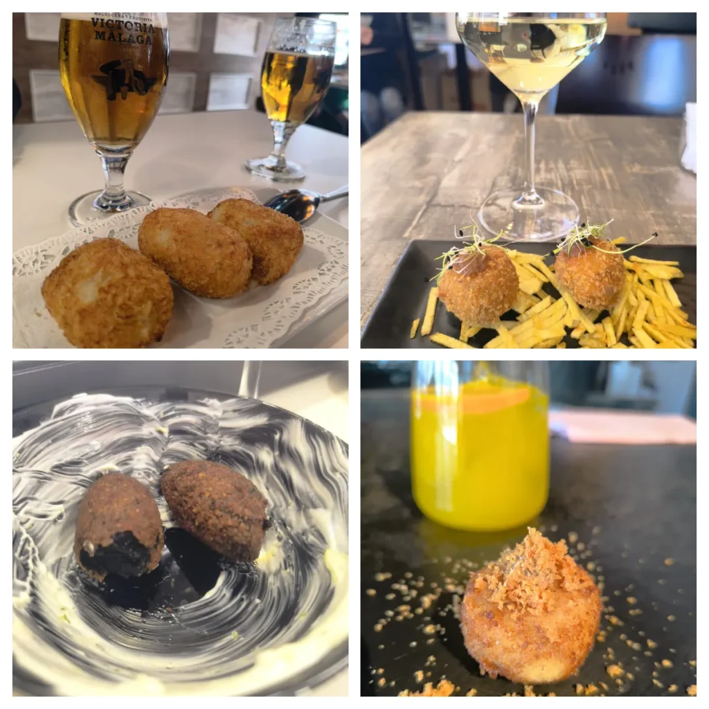 Un collage de cuatro fotos de la Ruta de la Croqueta de Rivas muestra diferentes croquetas: arriba a la izquierda con cerveza, arriba a la derecha con vino blanco y patatas fritas, abajo a la izquierda en un plato con salsa, y abajo a la derecha junto a un bote de l&iacute;quido amarillo en un plato negro.