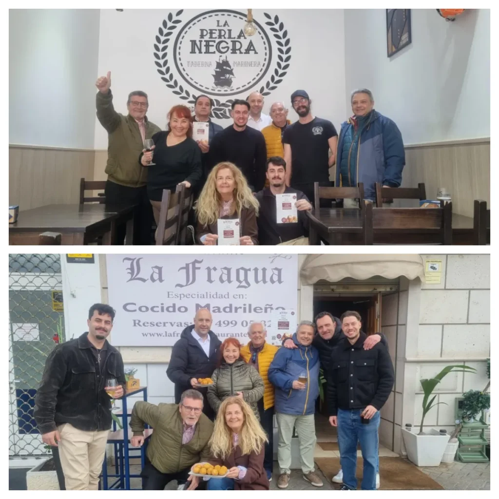 Dos fotos de grupo: En la primera, once personas posan en el interior de un restaurante de Rivas, algunas con menús y bebidas en la mano, durante la Ruta de la Croqueta. En la segunda, diez personas están fuera, disfrutando de bebidas y pequeños platos mientras discuten sobre el impacto económico local.