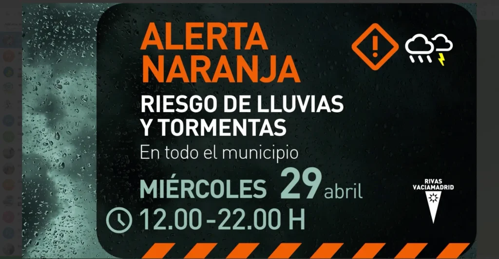 Alerta naranja por fuertes lluvias y tormentas en Rivas-Vaciamadrid.