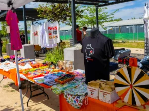 Un puesto del mercado exhibe camisetas de colores, bolsos, artículos de temática gatuna, joyas de Rivanimal y una ruleta para sorteos. El mantel naranja alegra el escenario al aire libre, donde la gente se reúne para informarse sobre voluntariado y adopciones entre vegetación.