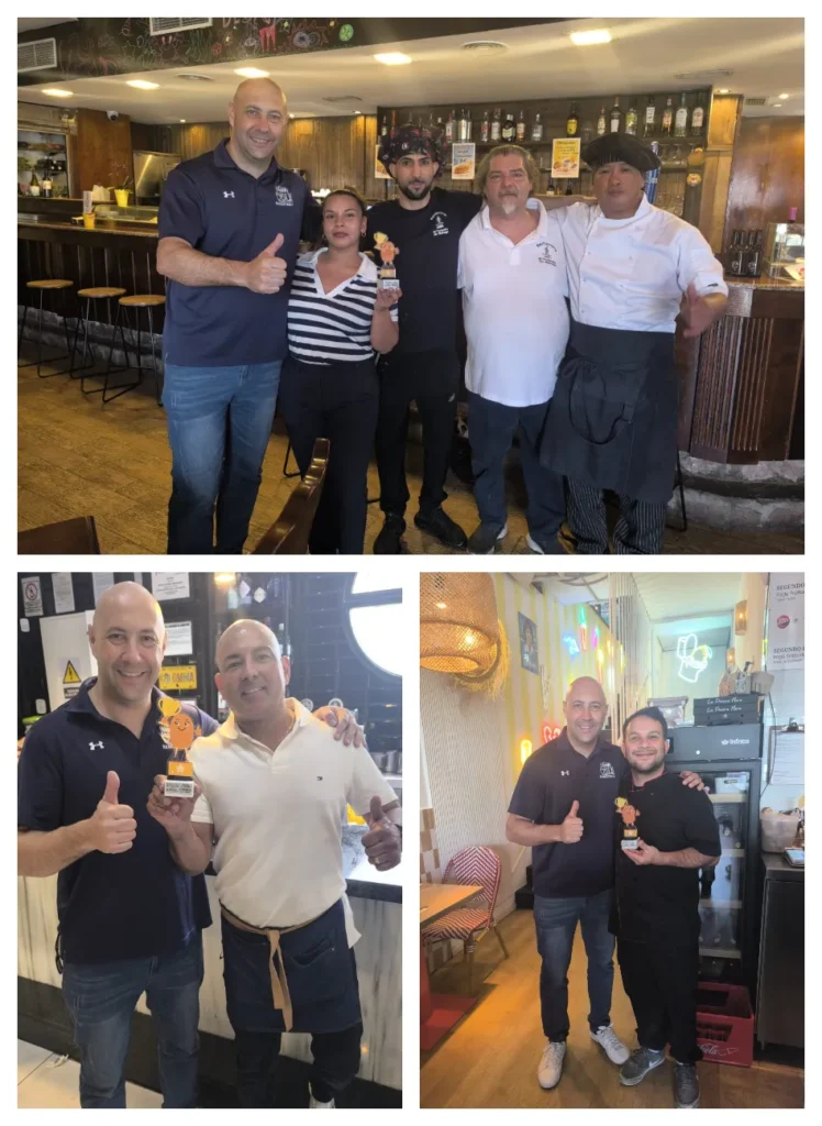 Tres fotos muestran a un hombre entregando pequeños trofeos a varios empleados de restaurantes. Todos sonríen y aplauden en diferentes cafeterías, celebrando el impacto económico del evento local.
