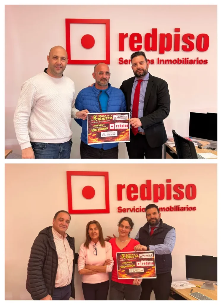 Dos fotos muestran a grupos de Rivas de pie, en el interior, sosteniendo certificados rectangulares. El logotipo de redpiso.