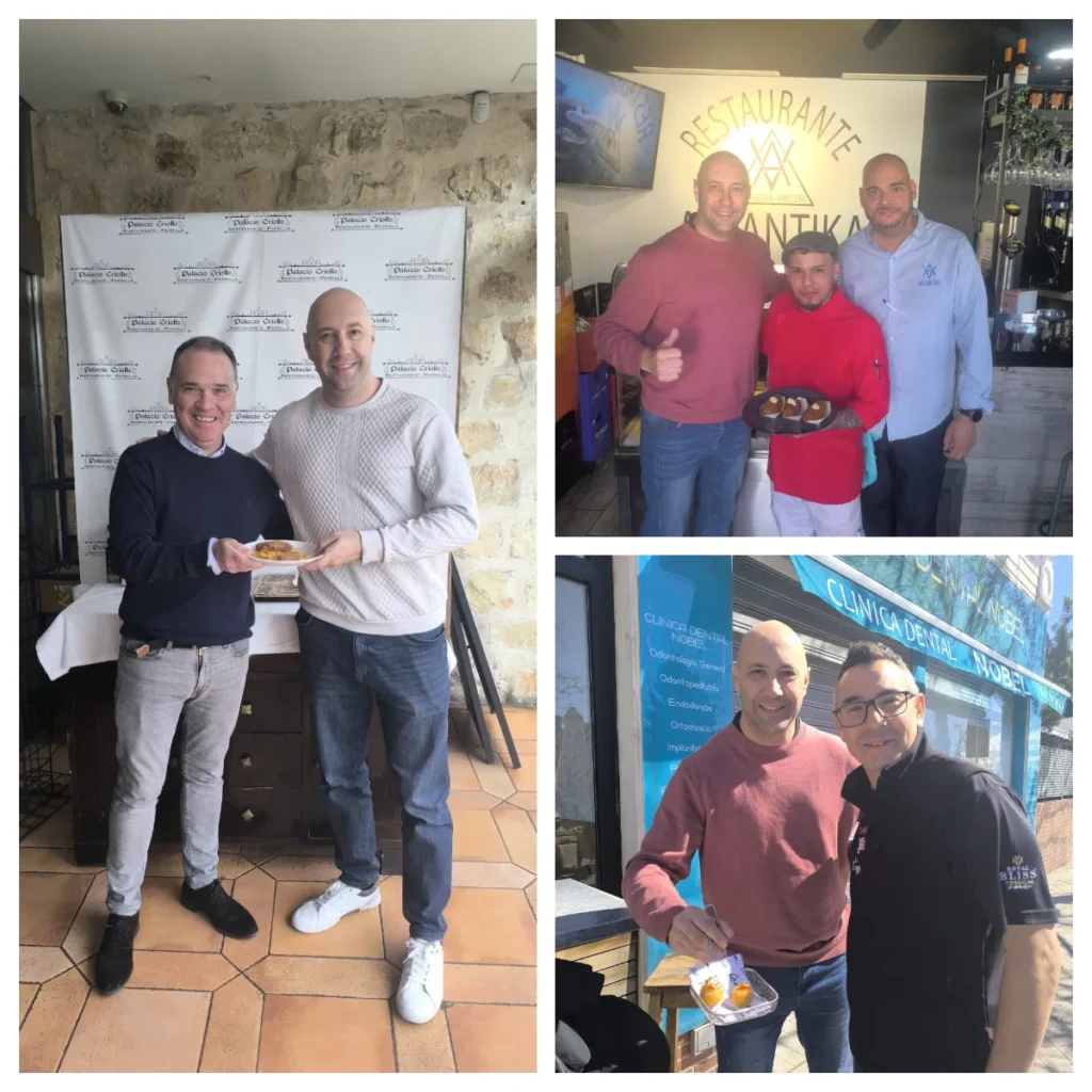 Un collage de tres fotos muestra a dos hombres posando en el interior con un plato, a tres hombres de pie juntos en el interior de un restaurante de la Ruta de la Croqueta, y a dos hombres sonriendo al aire libre mientras sostienen un plato con comida.