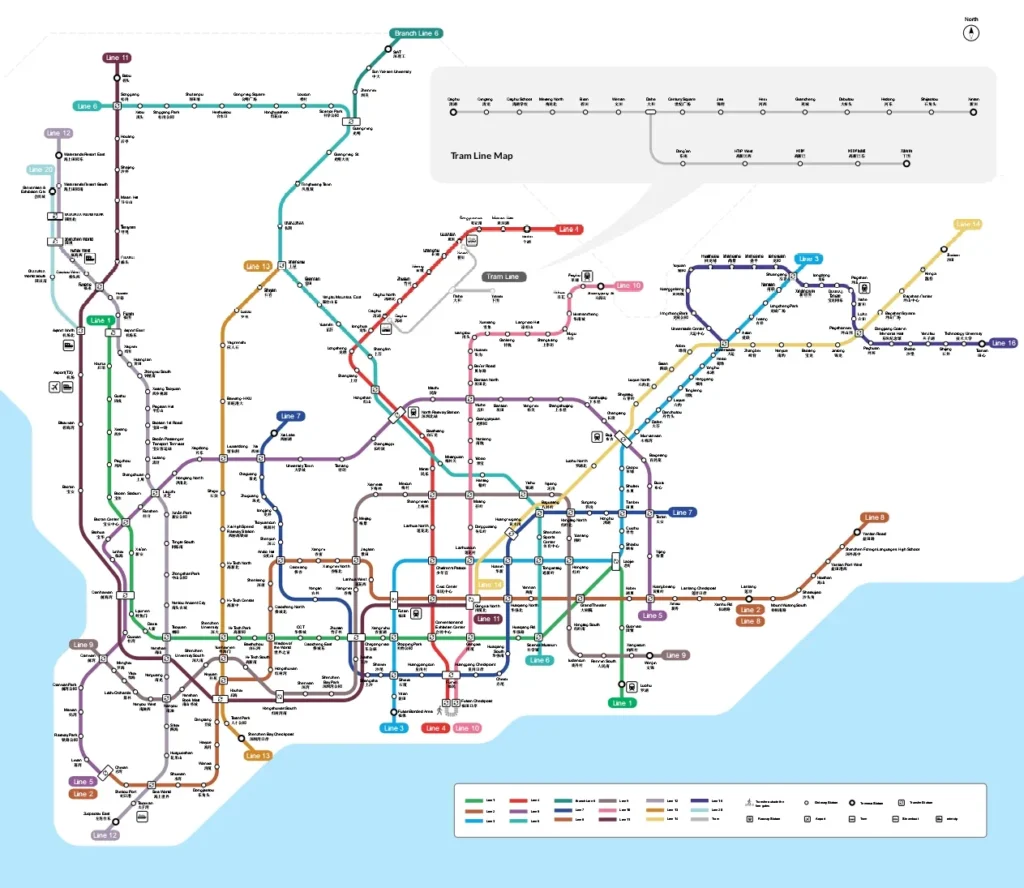 Mapa de las líneas de tranvía de Melbourne (Australia) codificado por colores, similar a los de Hong Kong o Pekín, que muestra las rutas de los tranvías, los números de línea, los nombres de las estaciones y una leyenda insertada. El mapa muestra las conexiones de una parte de la ciudad.