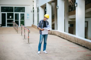 Una persona con casco de seguridad amarillo y pantalla facial está de pie al aire libre, revisando papeles o un borrador automático. Vestidos de manera informal con vaqueros y camisa de cuadros, se sitúan frente a un edificio moderno con barandillas.