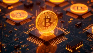 Un símbolo de Bitcoin resplandeciente sobre un chip de ordenador, rodeado de otros iconos de Bitcoin iluminados sobre una placa de circuitos, representa la criptomoneda, la tecnología digital y la IA en el estudio de las finanzas innovadoras.