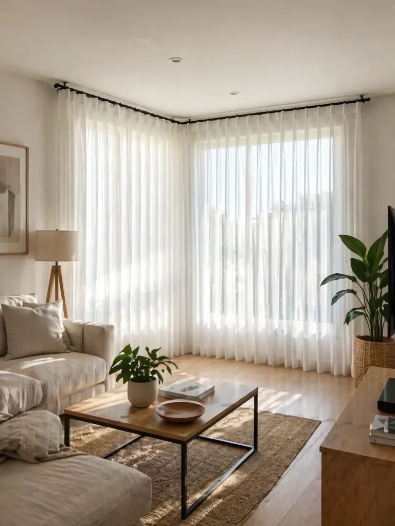 Un luminoso salón con cortinas blancas, un sofá beige, una mesa de centro de madera con plantas, una lámpara de pie, un cuadro enmarcado en la pared, una alfombra tejida, un televisor y una planta alta verde: la inspiración perfecta para tu tienda física o a medida online.