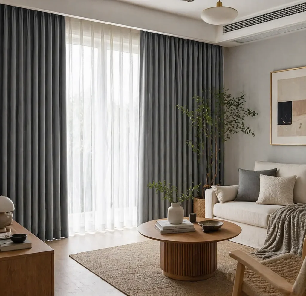 Un salón moderno con cortinas grises, cortinas blancas transparentes hechas a medida en línea, un sofá ligero con cojines neutros y una manta, una mesa de centro redonda de madera con jarrones, una silla de madera y una maceta en la esquina.