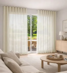 Un luminoso salón con cortinas blancas que cubren una puerta corredera de cristal, sofá beige con cojines, mesa de centro redonda de madera con velas, un aparador de madera clara, lámparas y arte mural. En el exterior se ven árboles verdes; perfecto para tienda física o a medida online.