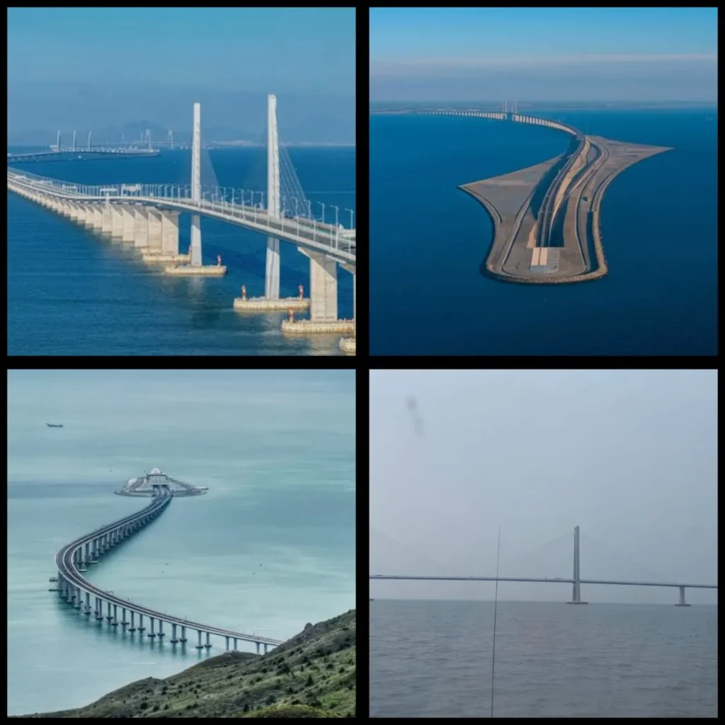 Un collage de cuatro fotos muestra largos puentes que se extienden sobre el agua cerca de Shenzhen y Macao, con diversos ángulos que resaltan sus luces, estructuras de soporte y paisajes circundantes bajo cielos despejados y brumosos.
