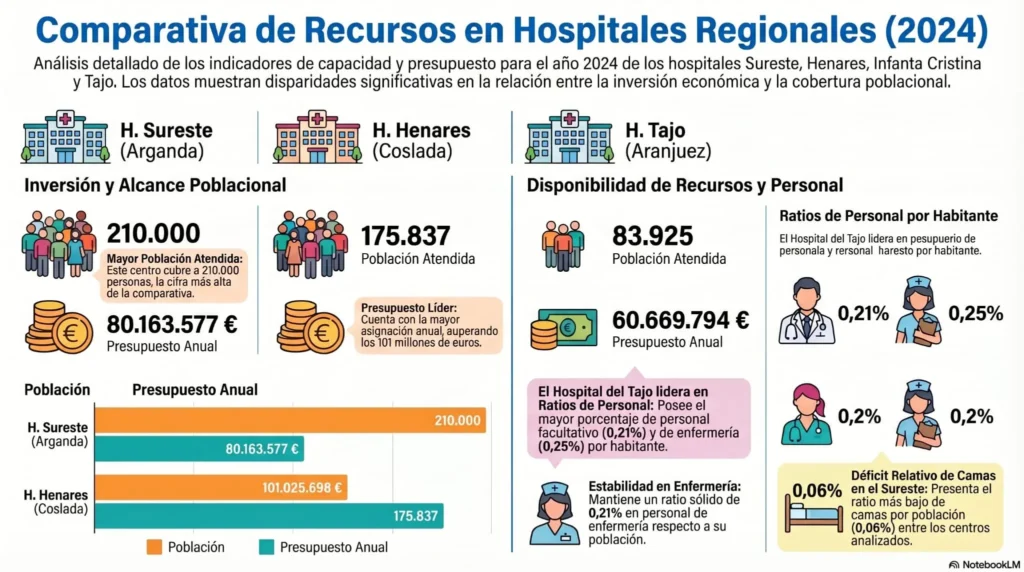 Infografía comparativa de recursos y presupuesto anual en 2024 de los hospitales regionales de la sanidad pública: Hospital del Sureste, Henares e Infanta Cristina, destacando inversión, población atendida, ratios y falta de personal.