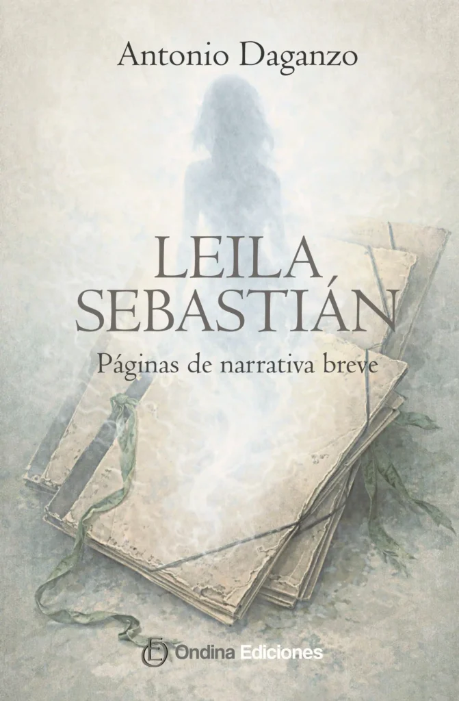 Portada del libro Leila Sebastián: Páginas de narrativa breve, el nuevo libro de Antonio Daganzo, con la silueta de una mujer sobre páginas envejecidas y un fondo etéreo, editado por Covibar.
