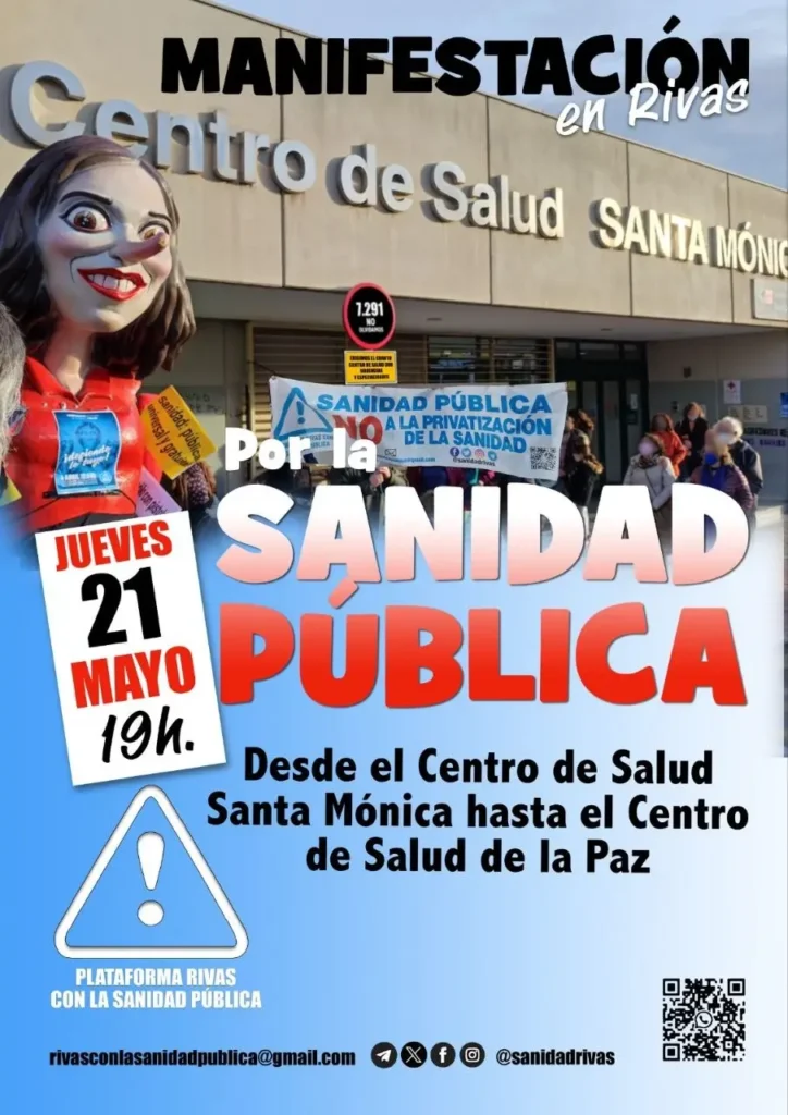 Cartel anunciador de una protesta sanitaria en el Centro de Salud Santa Mónica. Una persona disfrazada de enfermera sostiene un cartel exigiendo más personal y apoyo para la sanidad pública. Únete a nosotros el jueves 21 de mayo a las 19:00 en nuestra marcha al Centro de Salud de la Paz.