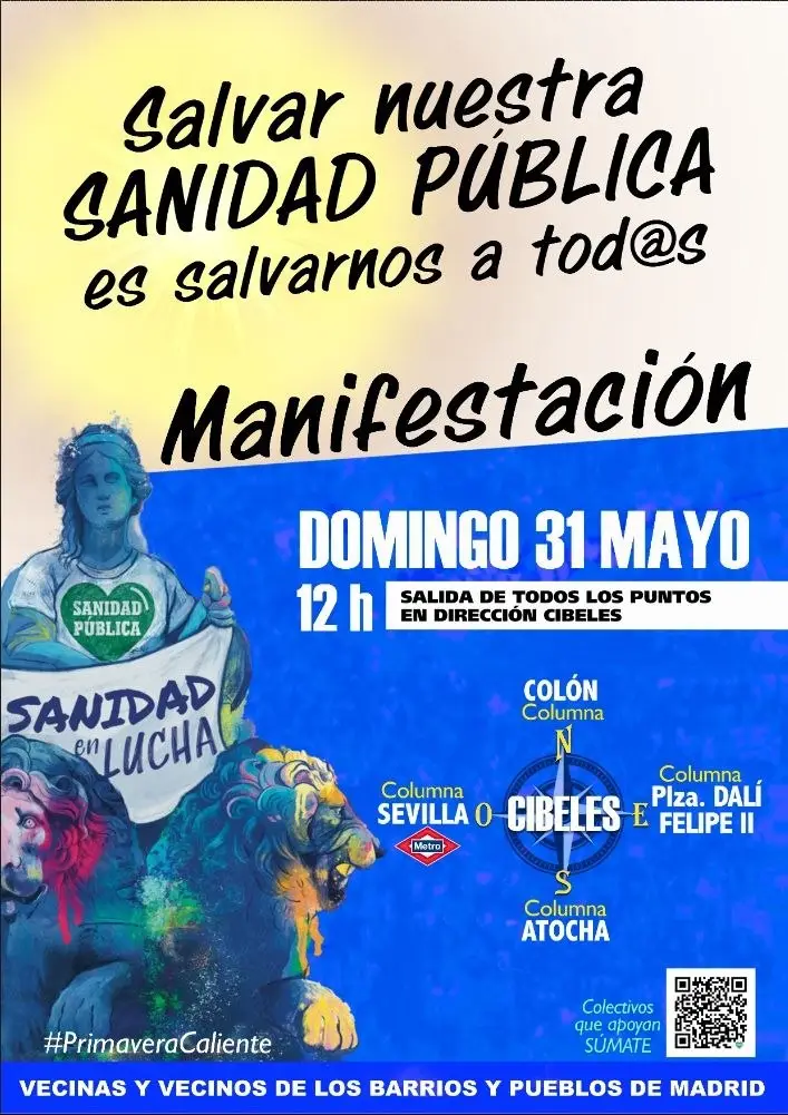 Cartel en castellano anunciando una manifestación por la sanidad pública el domingo 31 de mayo a las 12 horas en Madrid, destacando la falta de personal en Sanidad Pública, con puntos de encuentro y convocatoria para vecinos de todos los barrios y pueblos.