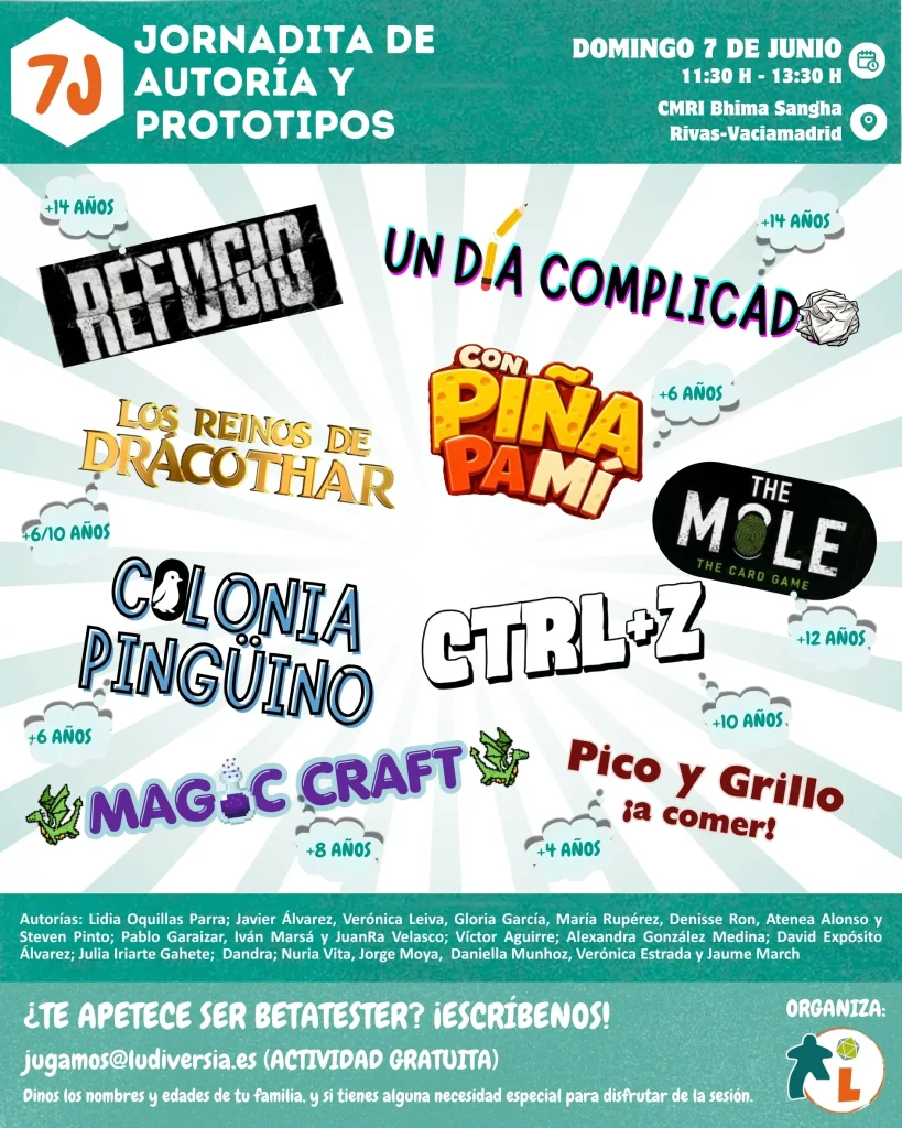 Cartel colorido para un evento de autores y prototipos infantiles de Ludiversia, con una lista de títulos de juegos con fuentes y edades divertidas, detalles del evento, información de contacto y logotipos de los organizadores sobre un fondo verde azulado con bordes punteados.