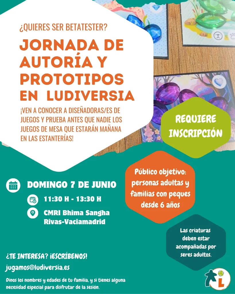 Cartel en español para "Jornada de Autoría y Prototipos en Ludiversia," el domingo 7 de junio en Rivas-Vaciamadrid. Descubre nuevos juegos, inscríbete y vive la experiencia en el Refugio de la creatividad. Incluye toda la información del evento.
