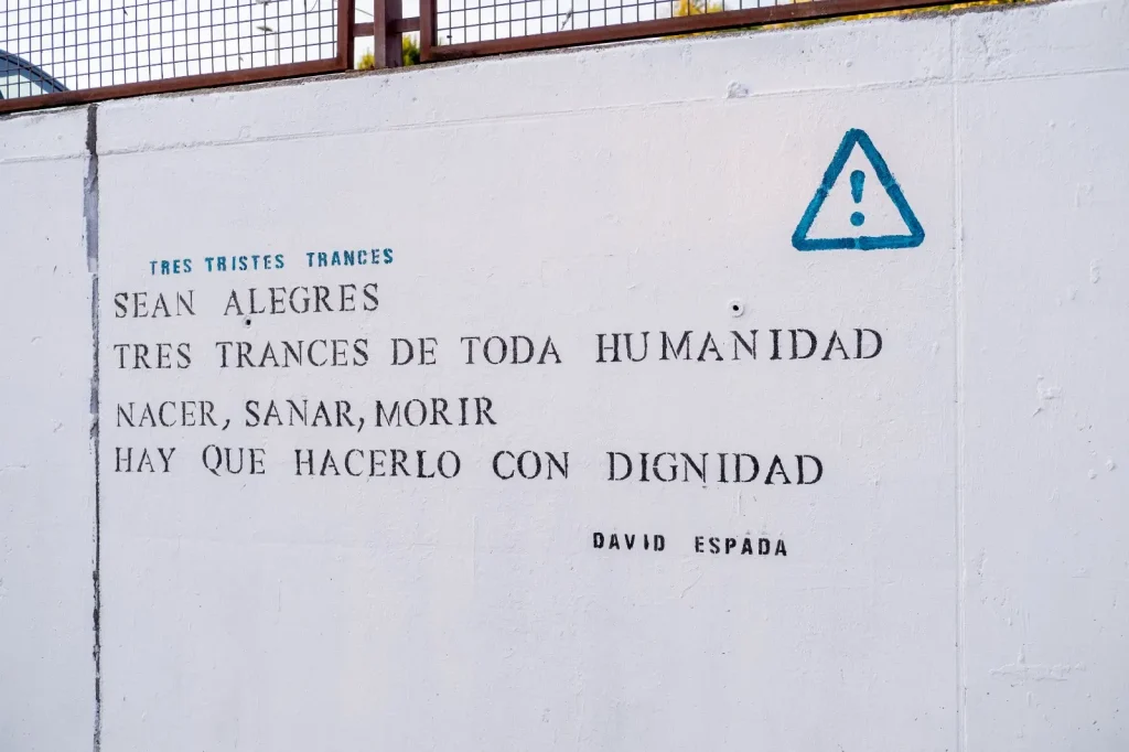 Pared blanca en Rivas con texto en español en letras negras, un signo de exclamación azul dentro de un triángulo y la firma "David Espada". El texto y las poesías reflexionan sobre ser alegre y vivir con dignidad el nacimiento, la curación y la muerte.