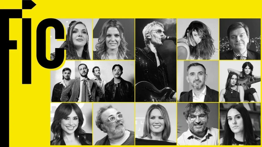 Collage de trece retratos en blanco y negro de hombres y mujeres sobre fondo amarillo, con el gran texto "FIC" a la izquierda. Vinculados por Cultura, algunos aparecen cantando o tocando instrumentos; otros posan y miran a la cámara.