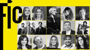 Collage de trece retratos en blanco y negro de hombres y mujeres sobre fondo amarillo, con el gran texto "FIC" a la izquierda. Vinculados por Cultura, algunos aparecen cantando o tocando instrumentos; otros posan y miran a la cámara.