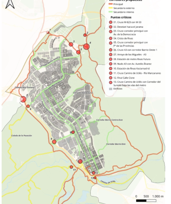 Un mapa muestra Rivas con sus carreteras, las vías principales y secundarias resaltadas, y los puntos críticos señalados con círculos rojos y números; algunos de ellos son puentes peatonales ajardinados. Una leyenda en español explica los puntos críticos y los tipos de vías. En la parte inferior se incluye una barra de escala.
