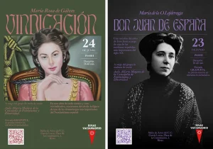 Dos carteles para representaciones teatrales del Aula Abierta Mujeres, curso 2025/2026. Uno muestra a una mujer ilustrada para Vindicación el 24 de junio; el otro muestra una foto en blanco y negro para Don Juan de España el 23 de junio.