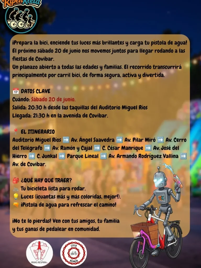 Cartel de una fiesta ciclista nocturna familiar en Rivas, con temática de pistolas de agua y luces, que tendrá lugar el 20 de junio en Covibar. Incluye los detalles del evento, el itinerario, los requisitos y una divertida ilustración de un robot montado en bicicleta con pistolas de agua.