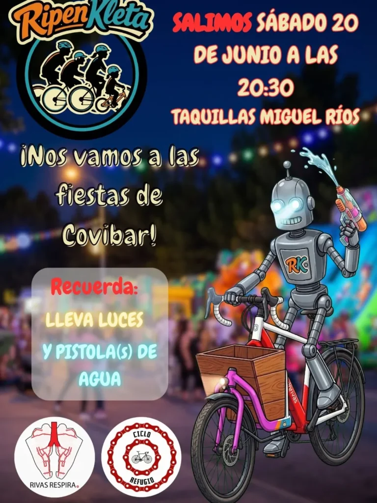 Cartel de una fiesta ciclista nocturna en Rivas en el que aparece un robot montado en una bici y con una pistola de agua en la mano. Acompáñanos el sábado 20 de junio a las 20:30 en las taquillas de Miguel Ríos. ¡No te olvides de las luces y las pistolas de agua!.