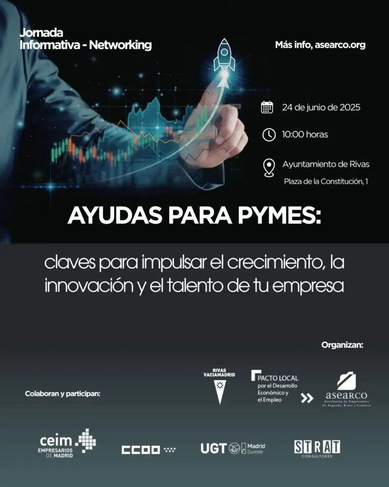 Cartel de un evento empresarial titulado «AYUDAS PARA PYMES» con los detalles del evento: fecha (24 de junio de 2025), hora (10:00 h) y lugar (Ayuntamiento de Rivas). Incluye los logotipos de los organizadores y colaboradores, así como información sobre el «borrador automático».